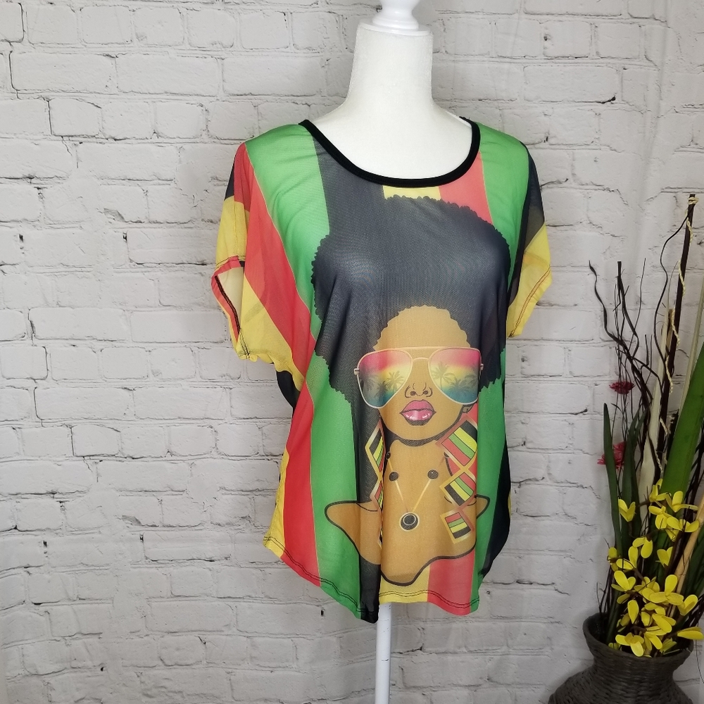 Nwt Sheer Mesh Red Black Green Top - Picture 4 of 4